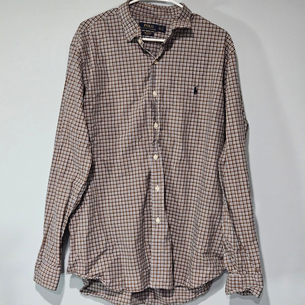 Polo Ralph Lauren Mens XXL Brown Blue Plaid Cotton Stretch Button Down Shirt